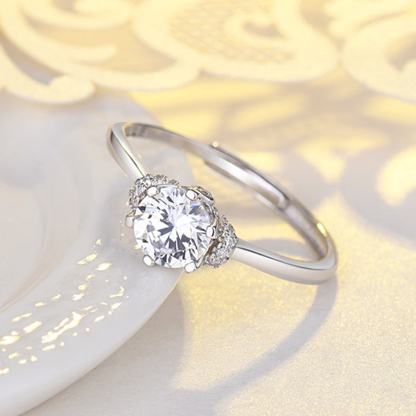Platinum Plated Sterling Silver Round Ring With Moissanite Adjustable